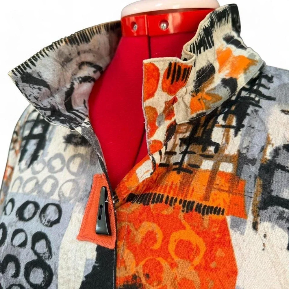 Ali Miles Art To Wear Orange &‎ Black Abstract Button Up Jacket Shirt